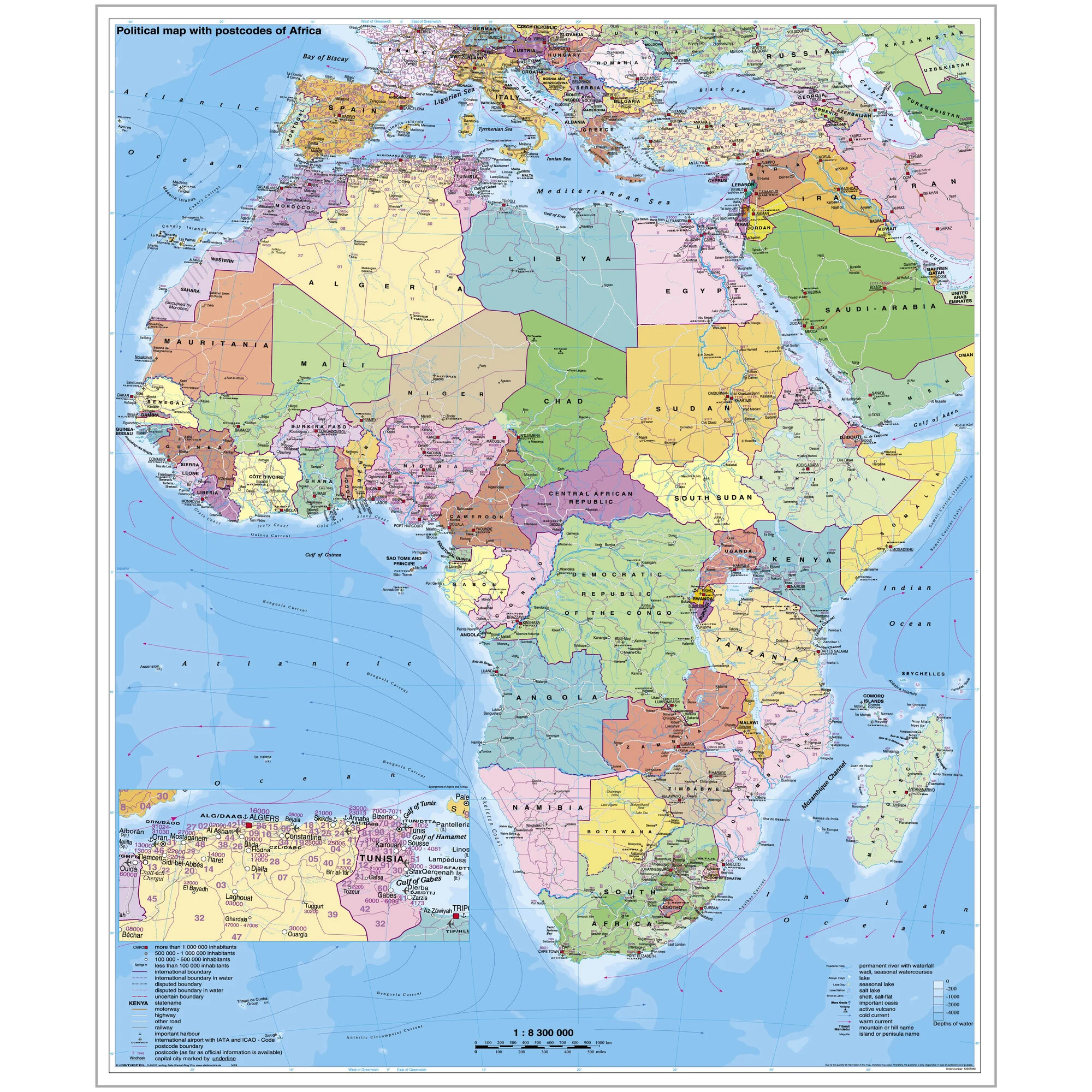 L'Afrique politique avec les codes postaux sur une plaque à épingler